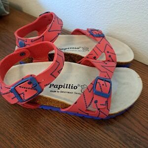 Papillio by Birkenstock Kids Rio Red Blue Geometric Cork Footbed Sandals Size 34